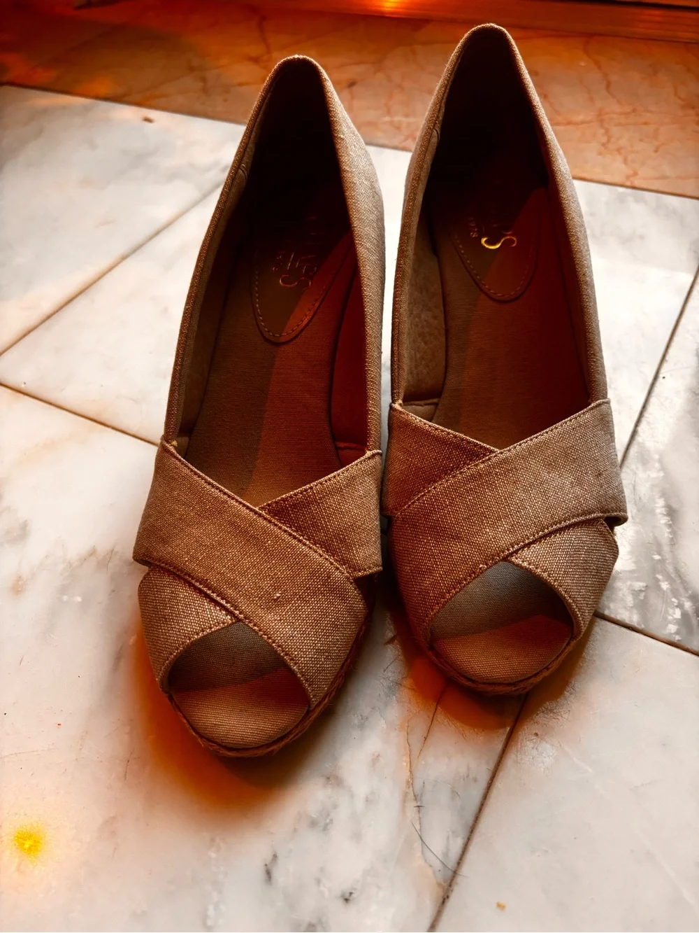 Espadrilles peep toe Khaki Chambray wedge Chaps -Ralph- Lauren 7B